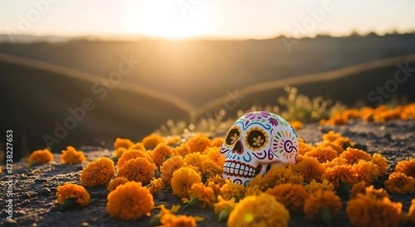 Fototapeta Colorful sugar skull and marigolds at golden hour, capturing the essence of Dia de los Muertos and Mexican cultural celebration.