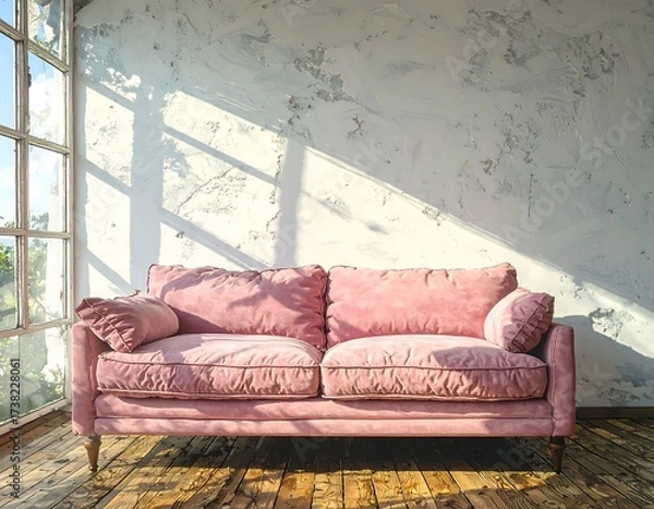 Fototapeta Pink sofa in a sunlit room