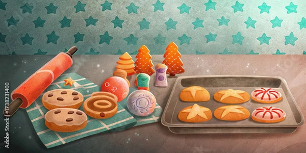 Fototapeta Christmas cookie baking holiday lifestyle with rolling pin and festive treats on tray and cloth with star pattern background