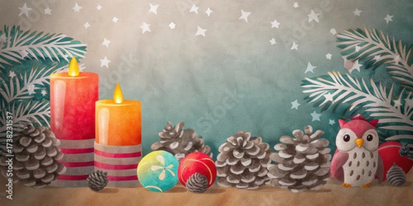Fototapeta Christmas holiday lifestyle scene with pinecone, candles, owl figurine, and festive decoration creating warm seasonal atmosphere