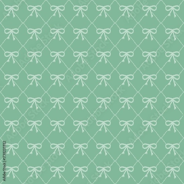 Fototapeta Light green patterned fabric with repeated white bow motifs creates a soft and charming design for various textile applications