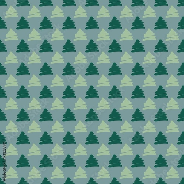 Fototapeta Pattern showcasing green trees on a light blue background in geometric style suitable for fabric design