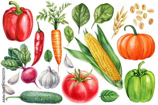 Obraz Watercolor Vegetables Set. Corn, Carrot, Tomato, Pumpkin, Cucumber, Peppers Chili and Spinach botanical Illustration