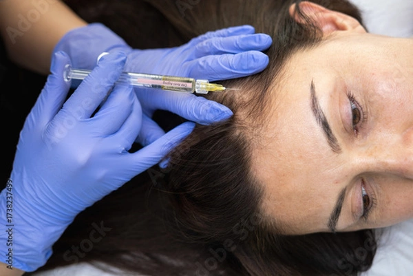 Fototapeta Caucasian female mature patient getting head or scalp injection in cosmetology clinic. Receding hairline, baldness problems, hairloss. Cosmetologist doing injections with syringe. 