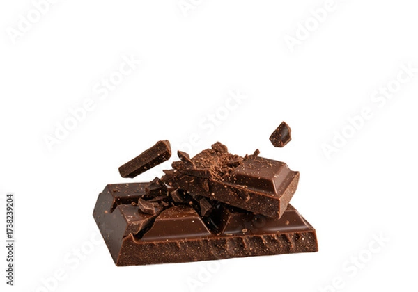Fototapeta Dark chocolate bar shattering, jagged shards, cocoa dust suspended, fractured piece reveals matte outer and glistening molten inner, isolated on transparent, dramatic food concept