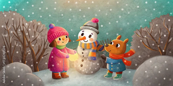 Fototapeta Joyful holiday scene with child and dog building snowman in snowy winter landscape capturing warmth of Christmas lifestyle