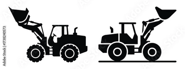 Obraz Black silhouette of construction vehicles including tractors, diggers, and bulldozers vector illustration