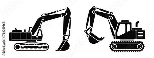 Obraz Excavator and bulldozer vector silhouette set for construction, roadwork, and industrial site design