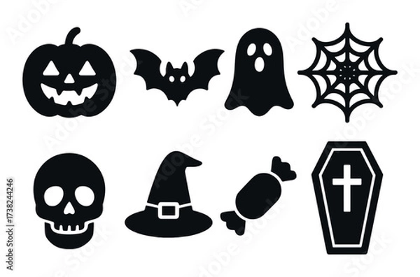 Obraz Halloween silhouettes: pumpkin, bat, ghost, spider web, skull, witch hat, candy, coffin