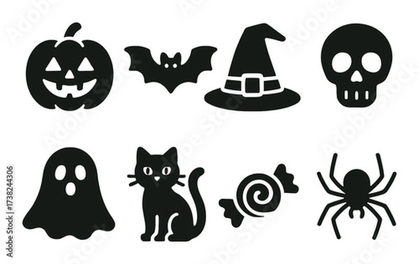 Obraz Halloween symbols: pumpkin, bat, witch hat, skull, ghost, cat, candy, spider silhouettes