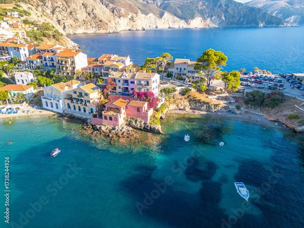 Fototapeta Aerial Panoramic View of the Colorful Seaside Village of Assos and its Harbor in a Tranquil Kefalonia Bay