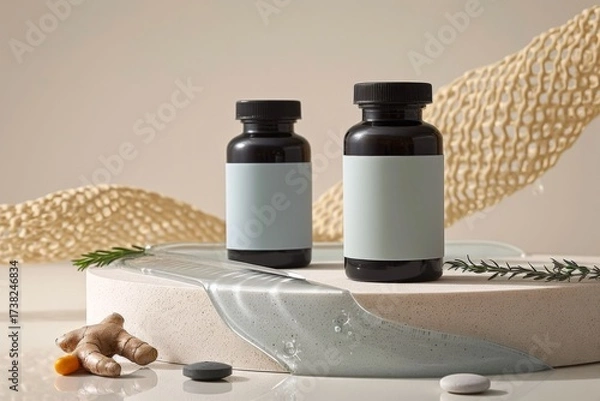 Fototapeta Wellness Bottles on Display: A curated display of sleek wellness bottles, presented on a minimalist platform. The composition features natural elements that evoke a sense of holistic well-being. 