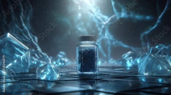 Fototapeta Science in a Bottle: a close-up shot of a small glass bottle, filled with small black pills or granules, set against a futuristic, crystalline background. The scene has an ethereal.