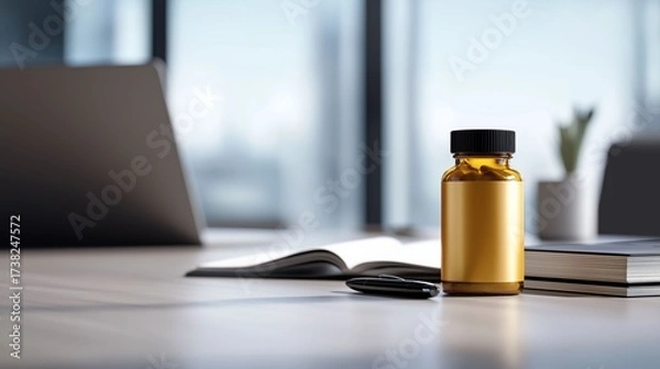 Fototapeta Office Medication: A still-life captures the essentials of a busy workspace - an open notebook, a sleek laptop, and a bottle of essential medicine or supplements.
