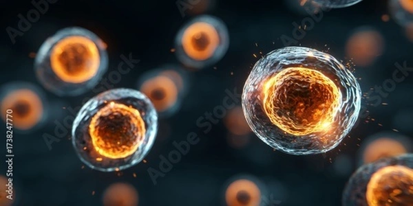 Fototapeta Cellular Structures: An up-close macro view delves into a field of glowing cells, their inner workings highlighted, conveying concepts of life and biological complexity.