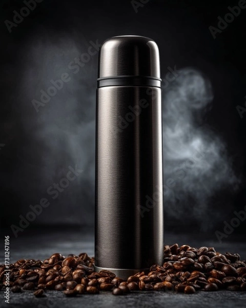 Fototapeta Coffee Thermos: A stylish thermos stands amid a bed of roasted coffee beans, its metallic surface gleaming. Steam wisps gently, suggesting the warmth and rich aroma of the beverage within. 