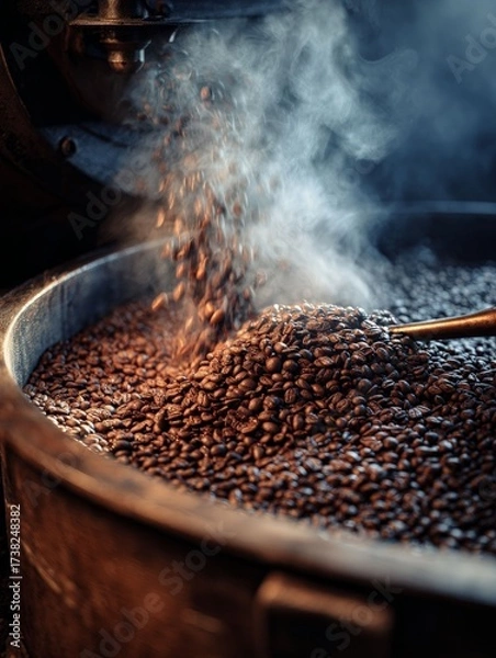 Fototapeta Coffee Bean Roasting Process: A close-up of coffee beans being roasted in a commercial roaster, with steam rising, showcasing the industrial process and rich aroma.