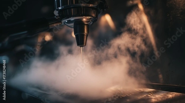Fototapeta Espresso Machine in Action: A close-up view captures the art of coffee-making as a powerful espresso machine steams, showcasing its intricate machinery and the process of brewing perfect espresso.