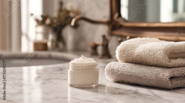 Fototapeta Spa-Like Tranquility: A serene bathroom scene featuring a jar of cream, fresh towels, and classic fixtures exudes a sense of luxury, pampering, and self-care.