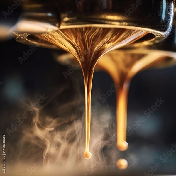 Fototapeta Aromatic Essence: Close-up on rich, dark espresso pouring from the machine. Steam curls and dances. An artistic display, capturing the aroma.