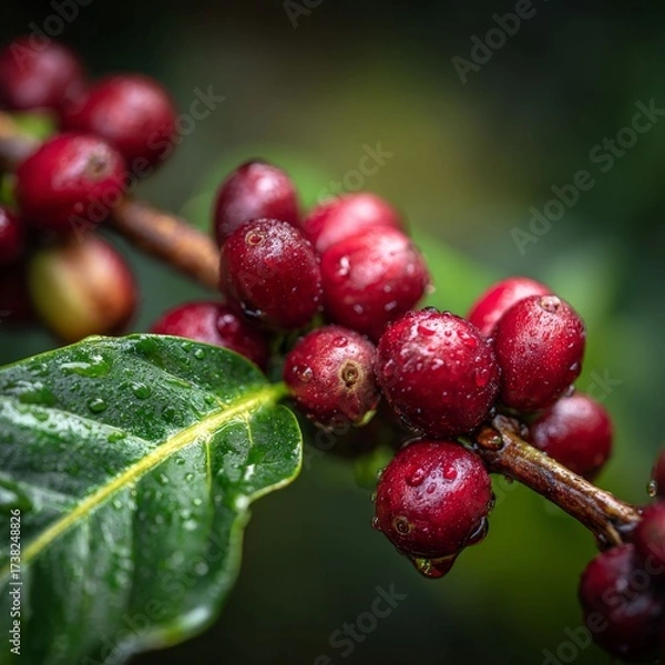 Fototapeta Coffee Cherries on Branch: a detailed shot of coffee cherries on branch with green background. captured the vibrant red berries, with dewdrops enhancing their natural beauty.