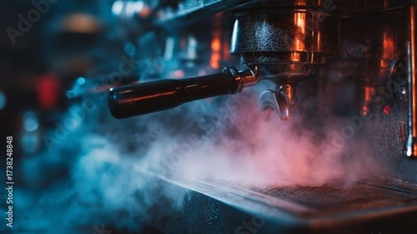 Fototapeta The Art of Espresso: A professional espresso machine, steam rising, ready to create a perfect shot of coffee with this shot. The photograph evokes a sense of warmth.