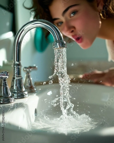 Fototapeta Cool water moment: A young woman pauses to appreciate the pure, refreshing stream of water flowing from a chrome faucet, a moment of revitalizing hydration.