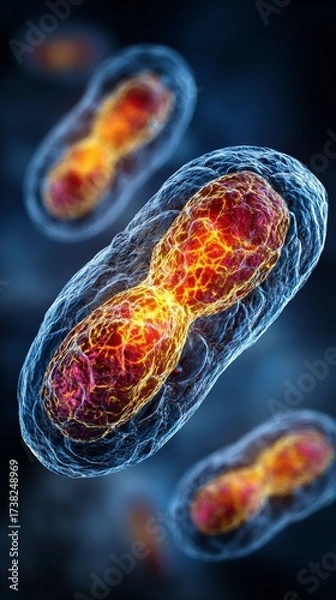 Fototapeta Cellular Division: A close-up, vibrant view of cells undergoing division, revealing intricate biological processes. Emphasizing the complexity and beauty within the microscopic world.