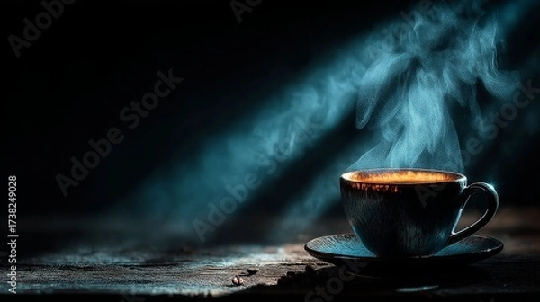 Fototapeta Steaming Coffee Serenity: A close-up of a cup of coffee in a moody setting, where the steam rising creates a sense of warmth and relaxation in a dim and cozy atmosphere.