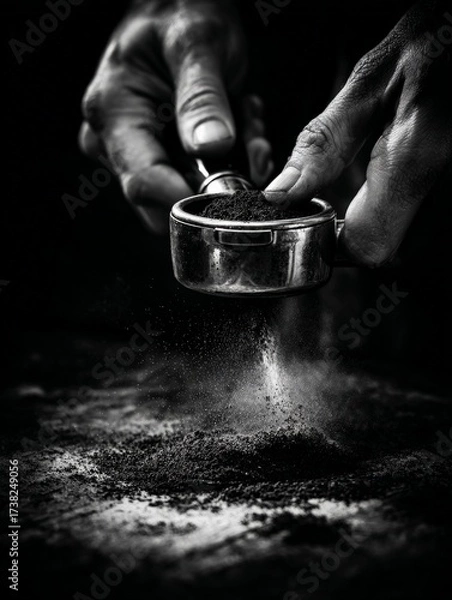 Fototapeta Espresso Extraction: Intimate, black and white portrayal of skilled hands meticulously dosing coffee grounds, capturing the precise moment of their release.