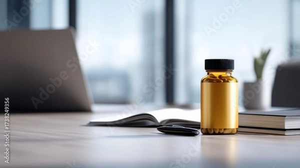 Fototapeta Office Desk with Capsule Bottle: A sleek, modern office desk features a bottle of capsules, an open book, and a pen set against the backdrop of a window overlooking a cityscape.