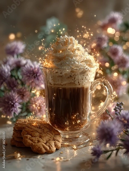 Fototapeta Delicious coffee topped with whipped cream and sparkles, accompanied by cookies, surrounded by vibrant flowers, creating a cozy and inviting atmosphere for relaxation and enjoyment	