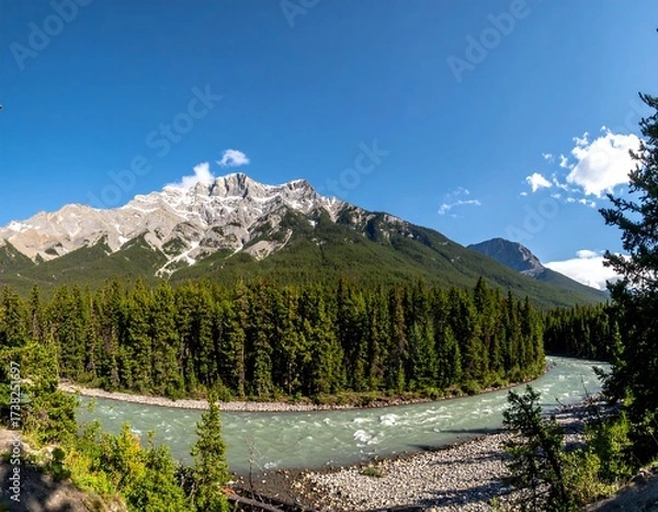 Obraz Panoramic view of a mountain range, river, and forest