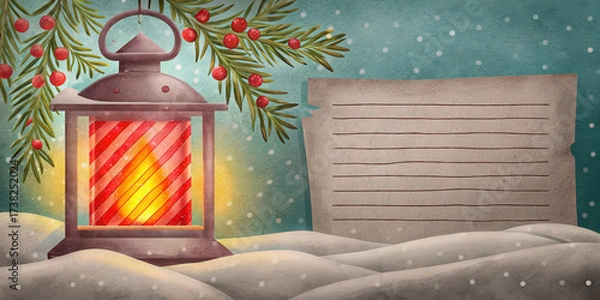 Fototapeta Christmas lantern glowing in snow with holiday berries and lifestyle blank paper for message in winter scene