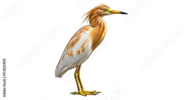 Fototapeta Isolated Squacco Heron Ardeola ralloides in breeding plumage stands tall with elegance