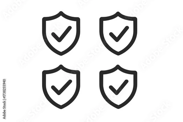 Fototapeta Security shield with check mark icon set. Safety, protection, and guarantee concept. Approved, verified, and certified symbol for web design, app, UI. Secure data and privacy logo.