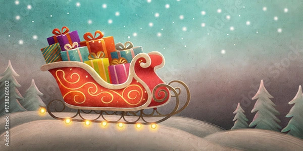 Fototapeta Christmas holiday lifestyle scene with colorful gift boxes in red sleigh on snowy hills under starry sky creating festive joyful atmosphere