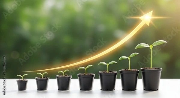 Fototapeta Seedlings growing in pots with a rising arrow graph symbolizing growth
