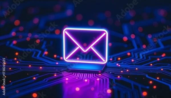 Obraz A glowing purple neon email icon symbolizing digital communication rests on a futuristic circuit board with blue and red lights.