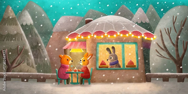 Fototapeta Cozy holiday scene with two animals enjoying warm drinks outside decorated house in snowy mountain lifestyle setting during Christmas