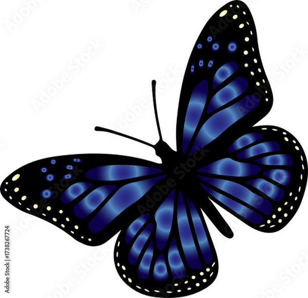Obraz Butterfly with Blue Open Wings. Mythical Insect Silhouette. Magical Garden Illustration. Whimsical Flying Insect. Vibrant Monarch Butterfly Art. Luminous Translucent Wings. Delicate Nature Element.