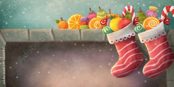 Fototapeta Christmas stocking filled with holiday candy and fruit hanging on fireplace for cozy lifestyle celebration