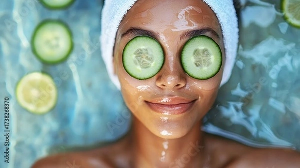 Fototapeta A woman with cucumber slices on her eyes and a white towel on her head, surrounded by water and lime slices.