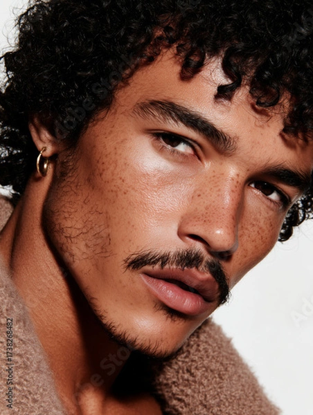 Fototapeta Close-up portrait of a man with curly hair and mustache. Confident and natural look.