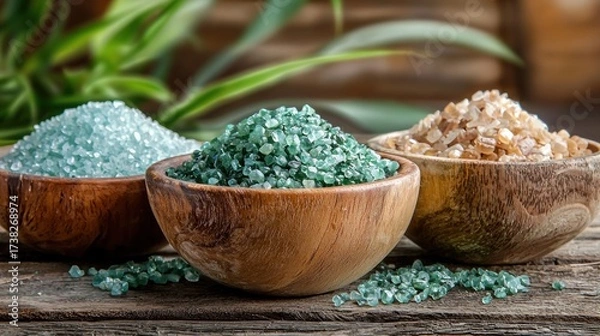 Fototapeta Three wooden bowls filled with green and blue crystals on a rustic wooden table with green leaves in the background.