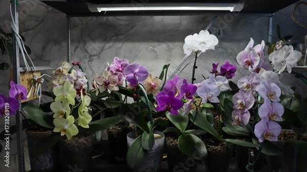 Fototapeta Phalaenopsis orchid. Bright, beautiful orchids close-up. Many orchids in one photo. The image features a multitude of blooming orchids in a variety of colors: white, lavender, purple, and yellow.
