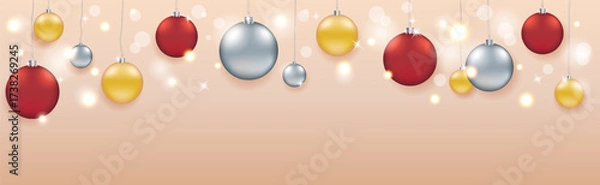 Fototapeta Long Christmas horizontal banner with Christmas tree balls. Christmas background horizontal long frame. Christmas tree holiday banner in horizontal layout with central copy area. Vector EPS10