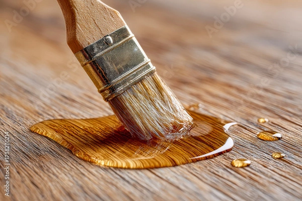 Fototapeta Brush applying varnish to wood surface, creating a glossy finish during crafting session in natural light