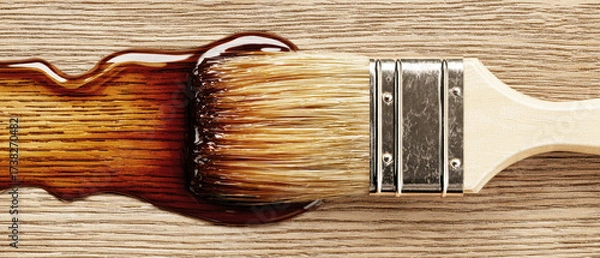Fototapeta Brush applying varnish on wood surface while highlighting texture and color enhancement in natural light