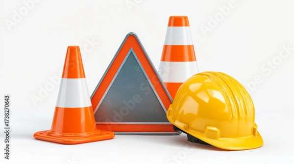 Fototapeta Construction sign with traffic cones and safety helmet displayed on white background